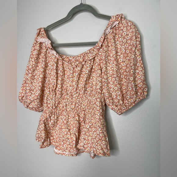 Emelia Floral Linen Rayon Cottagecore Milkmaid Bubble Sleeves Blouse M - Picture 6 of 8